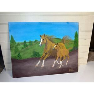 Original Horse and Foal Painting by June Diehl - 12x14 - Signed - Flat Canvas